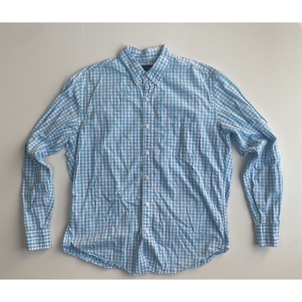 J Crew Mens Button Down Shirt Large Blue White Gingham Check Cotton Career Shirt